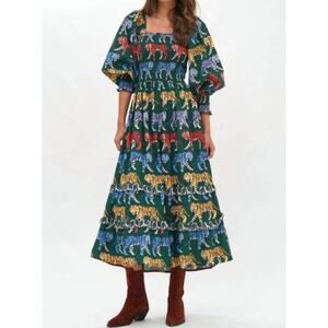 Oliphant Smocked Top Puff Sleeve Ruffle Midi Dress Tiger Print Green Raj Cotton